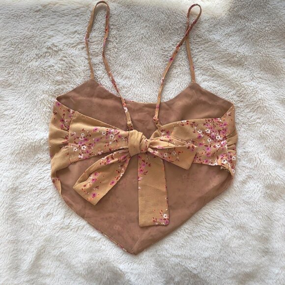 Tan beige backless crop top with pink flowers bow tie back  | Size S - Picture 6 of 8